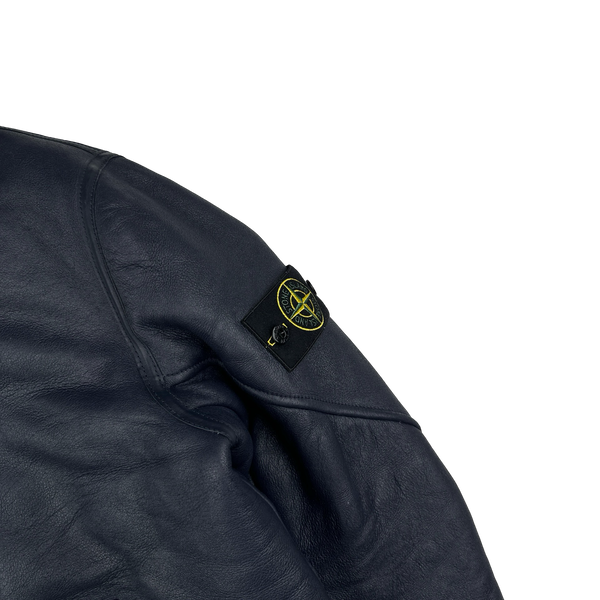 Stone Island 2014 Navy Hand Painted Leather Sheepskin Shearling Jacket - XL