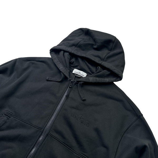 Stone Island 2023 Black Spellout Zipup Cotton Hoodie - Small