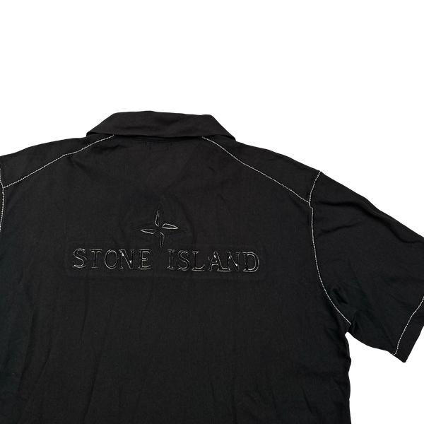 Stone Island 2004 Black Contrast Stitch Laser Cut Spellout Cotton Polo Shirt - XL