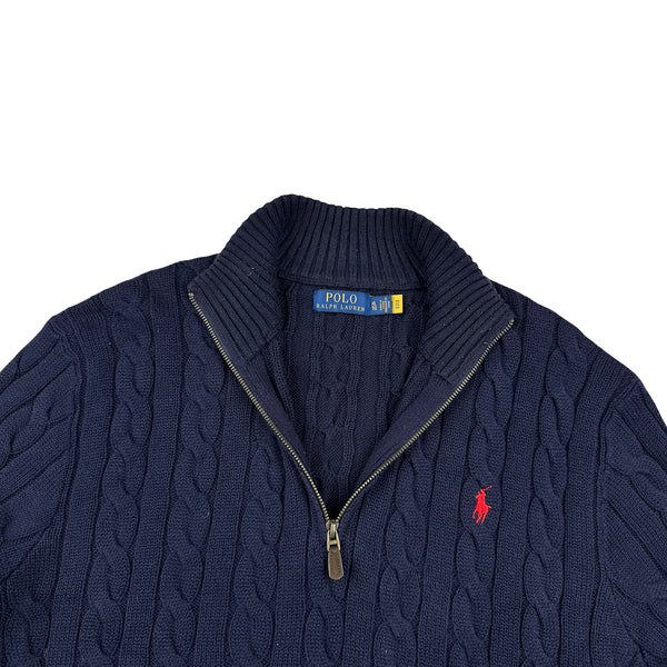 Ralph Lauren Navy Cotton Cable Knit Quarter Zip Jumper - XL