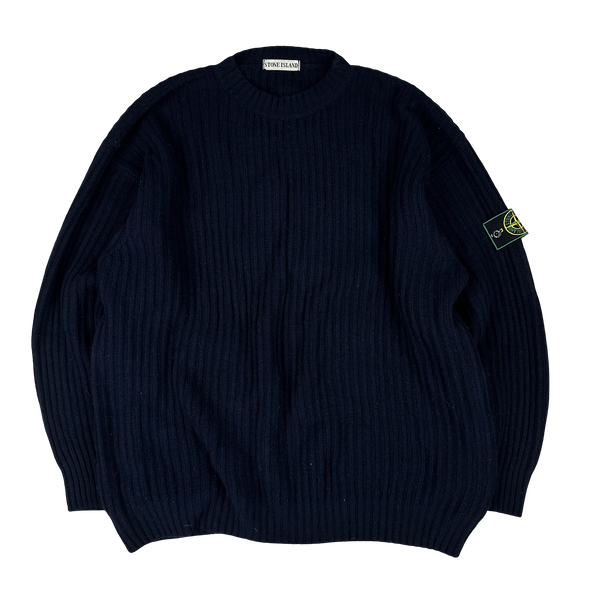 Stone Island Vintage Green Edge Ribbed Wool Pullover Mock Neck Jumper Navy - XXL