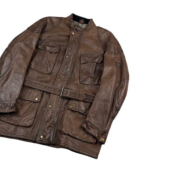 Belstaff Brown Multi Pocket Field Leather Zipped Heavyweight Jacket - XL