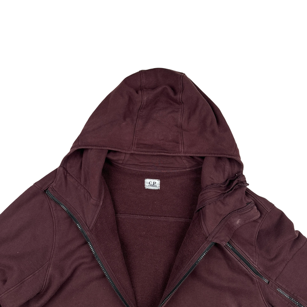 CP Company Burgundy Hooded Diagonal Zipped Cotton Lens View Zip Up - XXL