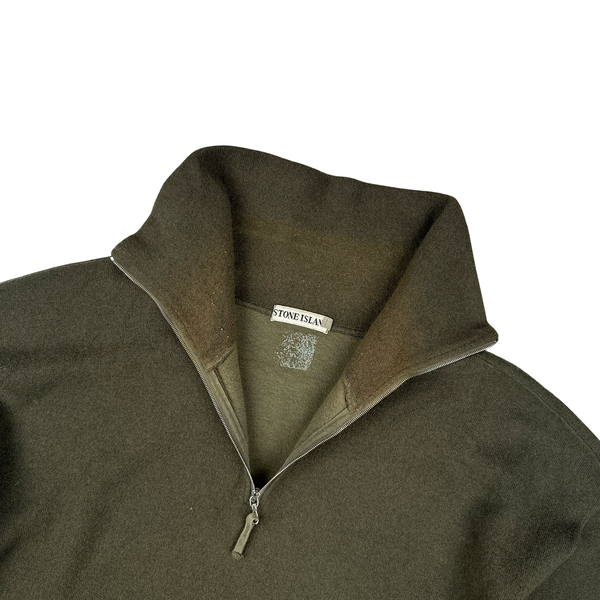 Stone Island Vintage 1994 Khaki Quater Zip Green Edge Wool Blend Jumper - XXL