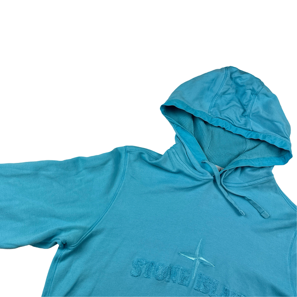 Stone Island Teal Blue Cotton Pullover Spellout Short Sleeve Hoodie - Small