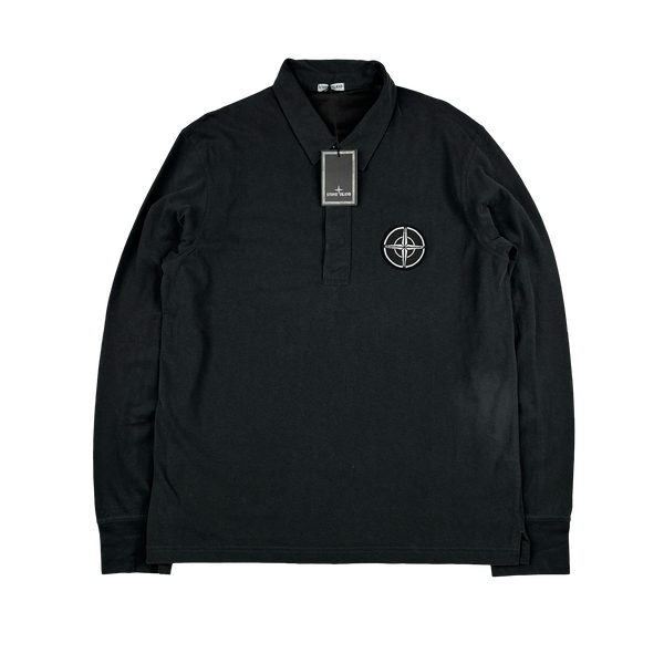 Stone Island 2005 Charcoal Longsleeve Cotton Embroiderd Compass Polo Top - XL