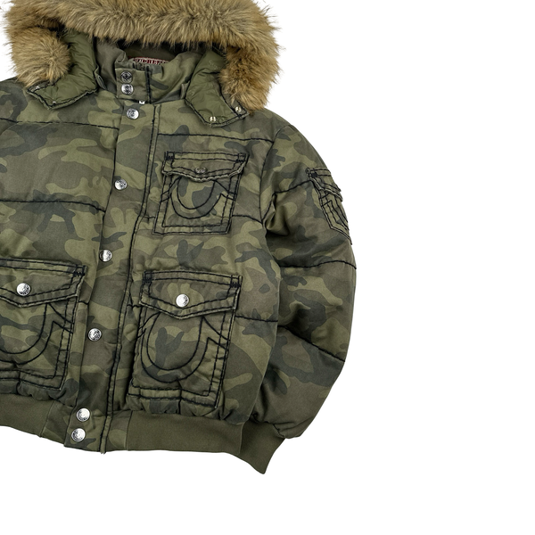 Supreme X True Religion Green Camo Contrast Stitch Pocket Puffer Fur Hood Jacket - Large