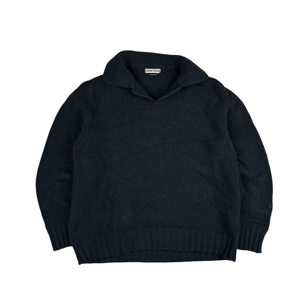 Stone Island 1998 Grey Vintage Cotton Chenille Knit Collared Jumper - XL