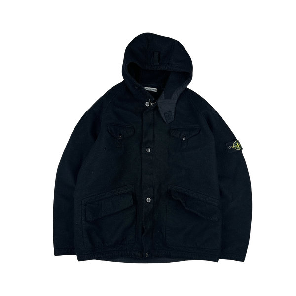 Stone Island 2005 Black Multi Pocket Felt Hooded Jacket - 3XL