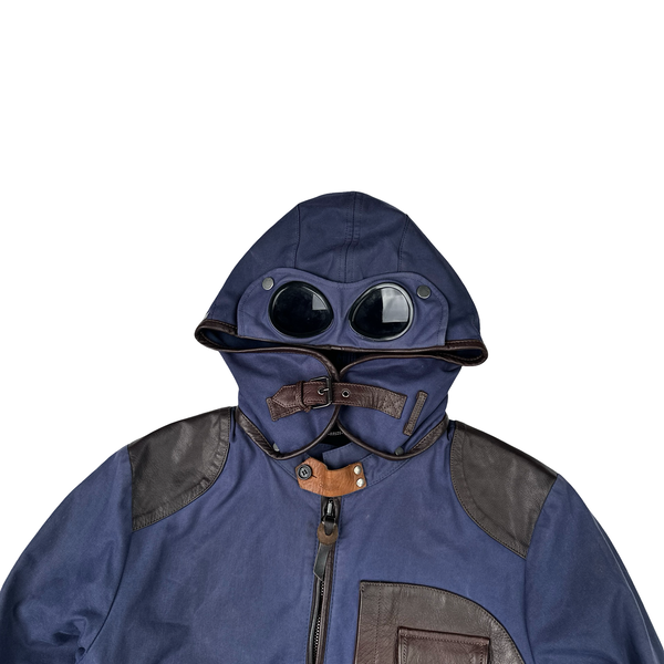 CP Company Blue/Brown Leather Hand Wax Finishing Goggle Jacket - Medium