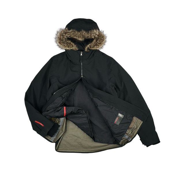 Prada Black Racoon Fur Hood Goretex Parka Jacket - Large