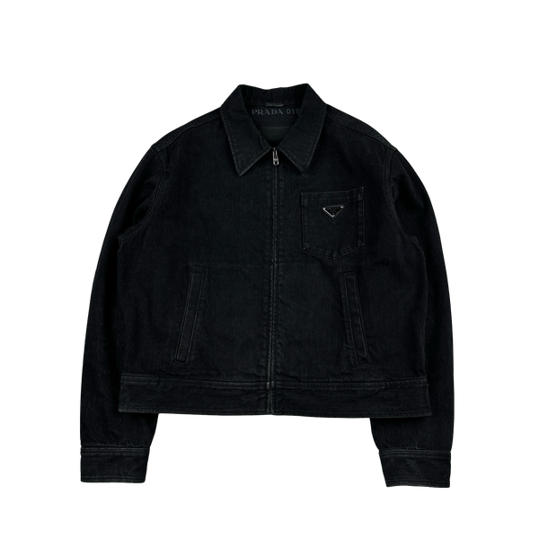 Prada Black Denim Triangle Plaque Collared Jacket - Medium