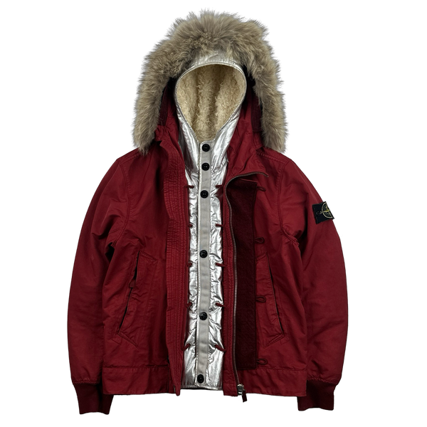 Stone Island 2015 Silver Sherling Liner Coyote Fur Hood David TC Jacket - Small
