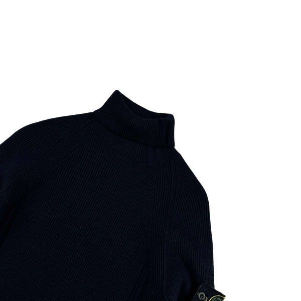 Stone Island 2019 Navy Wool Ribbed Roll Neck Knit - Small