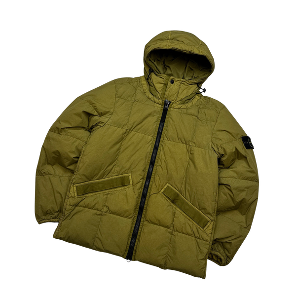 Stone Island Chartreuse Down Garment Dyed Crinkle Puffer Jacket - Small