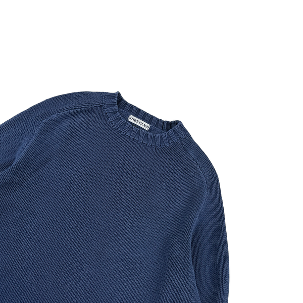 Stone Island 1998 Vintage Blue Cotton Cuff Spellout Pullover Knit - XL