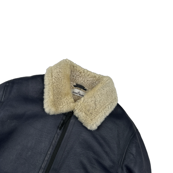 Stone Island 2014 Navy Hand Painted Leather Sheepskin Shearling Jacket - XL