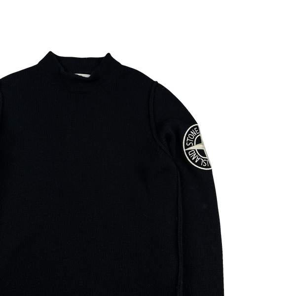 Stone Island 2020 Black Wool Spellout Embroidered Compass Mock Neck Jumper - Medium