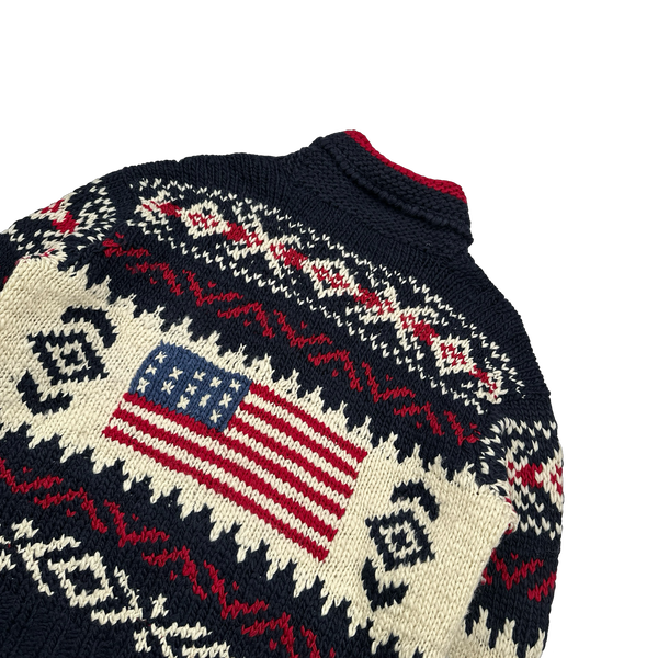 Ralph Lauren Wool Cable Knit Zipped Folk Style Flag Jumper - Medium