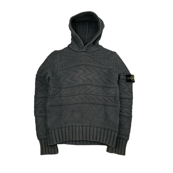 Stone Island 2009 Grey Cotton Detailed Knit Pullover Hoodie - Small