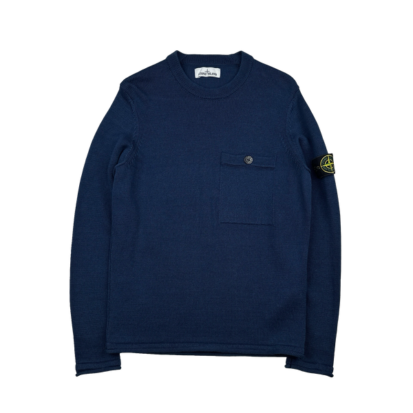Stone Island 2020 Navy Cotton Knit Crewneck Pocketed Jumper - Medium