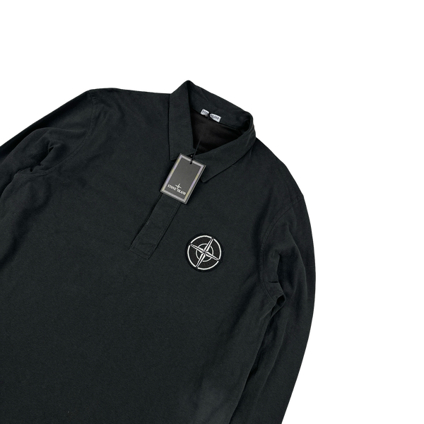 Stone Island 2005 Charcoal Longsleeve Cotton Embroiderd Compass Polo Top - XL