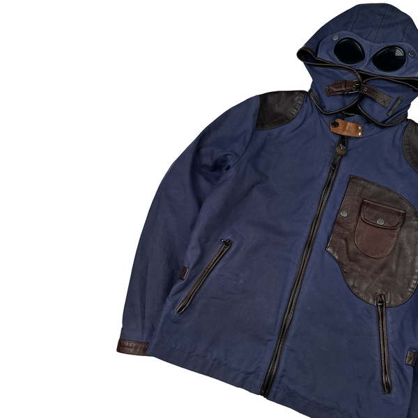 CP Company Blue/Brown Leather Hand Wax Finishing Goggle Jacket - Medium