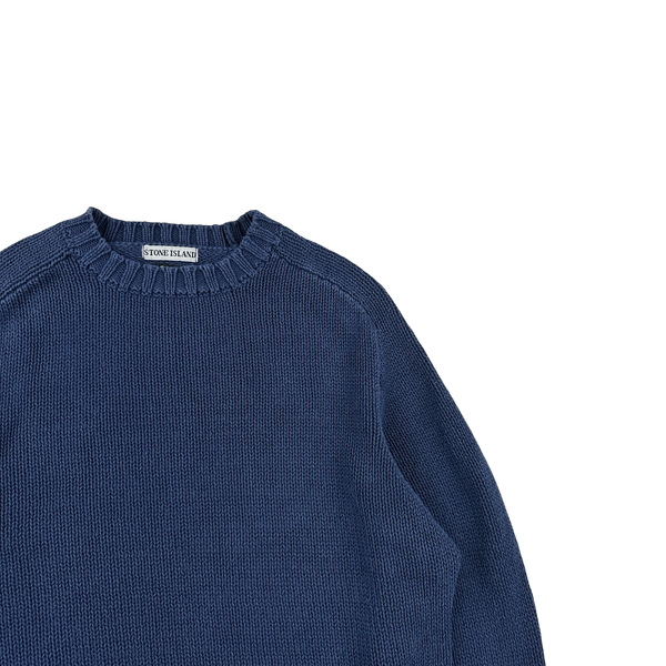 Stone Island 1998 Vintage Blue Cotton Cuff Spellout Pullover Knit - XL