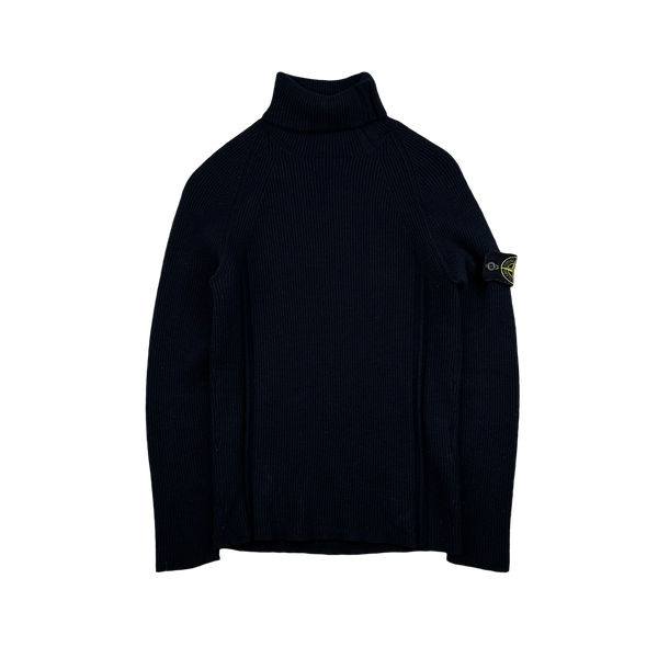Stone Island 2019 Navy Wool Ribbed Roll Neck Knit - Small