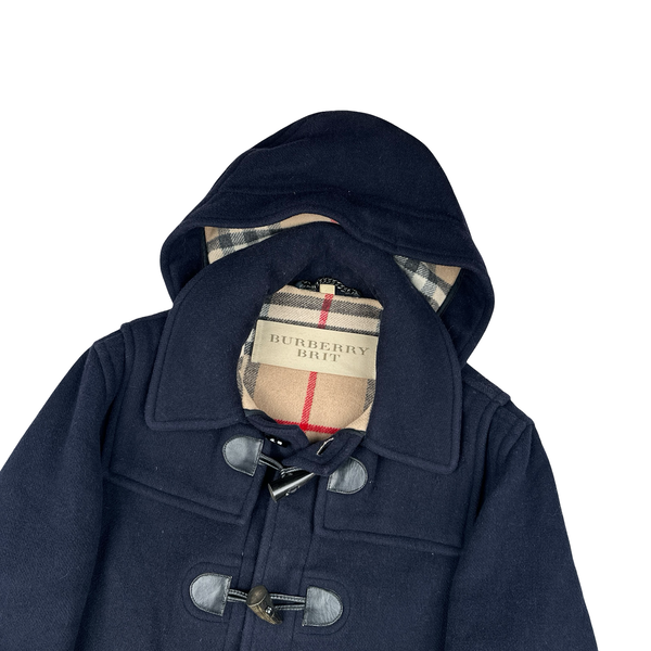 Burberry Navy Classic Check Lining Lana Wool Duffle Coat - Large