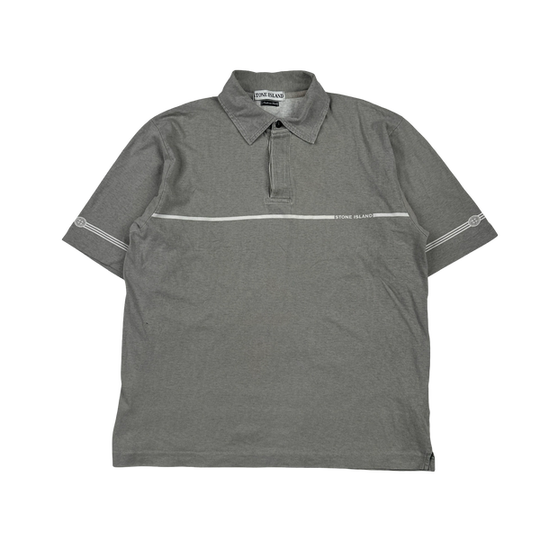 Stone Island 1997 Grey Cotton Spellout Vintage Polo Shirt - Medium