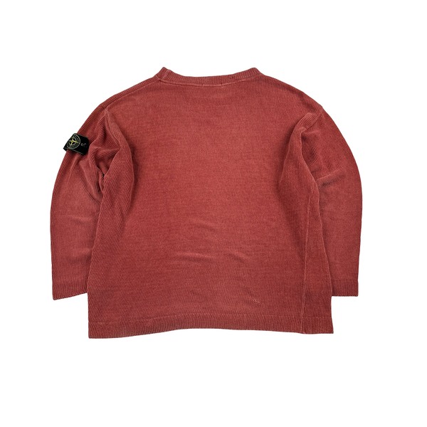 Stone Island 90s Salmon Pink Knitted Chenille Green Edge Crewneck Pullover - XL