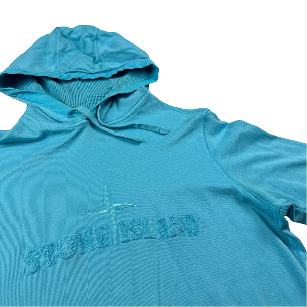 Stone Island Teal Blue Cotton Pullover Spellout Short Sleeve Hoodie - Small