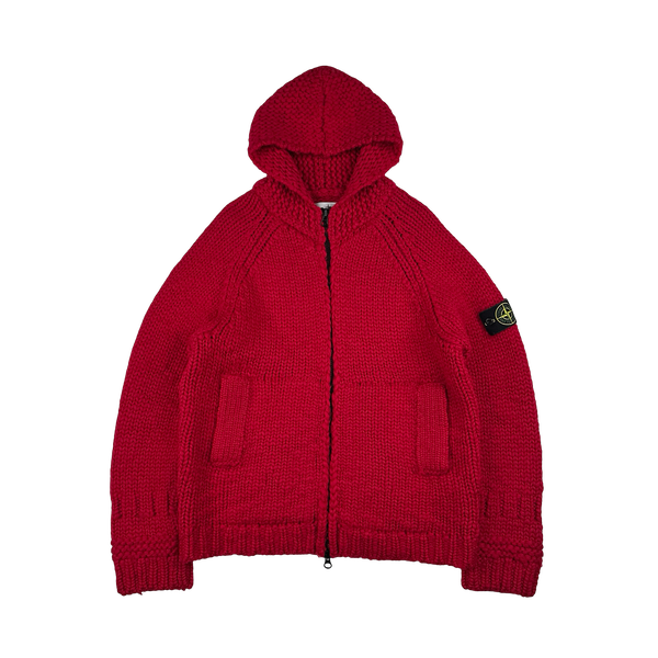 Stone Island 2022 Red Heavyweight Wool Knitted Zipped Hoodie - Large