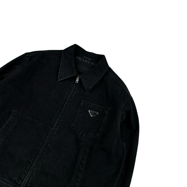 Prada Black Denim Triangle Plaque Collared Jacket - Medium