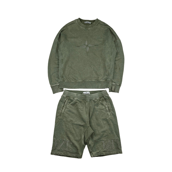 Stone Island 2020 Green Dust Coloured Embroidered Spellout Shorts Set - Medium