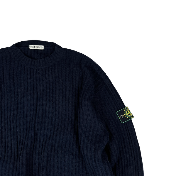 Stone Island Vintage Green Edge Ribbed Wool Pullover Mock Neck Jumper Navy - XXL