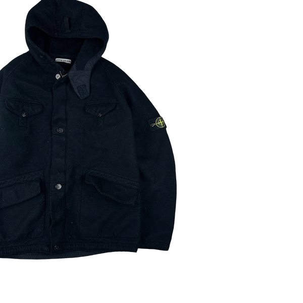 Stone Island 2005 Black Multi Pocket Felt Hooded Jacket - 3XL