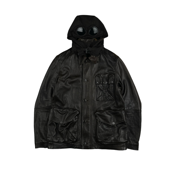 CP Company Brown Mille Miglia Leather Goggle Jacket - Large