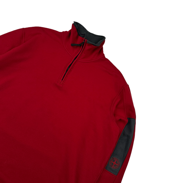 Stone Island 2003 Red  Compass Stretch Cotton Fleece Lined Quarter Zip Jumper - XXL