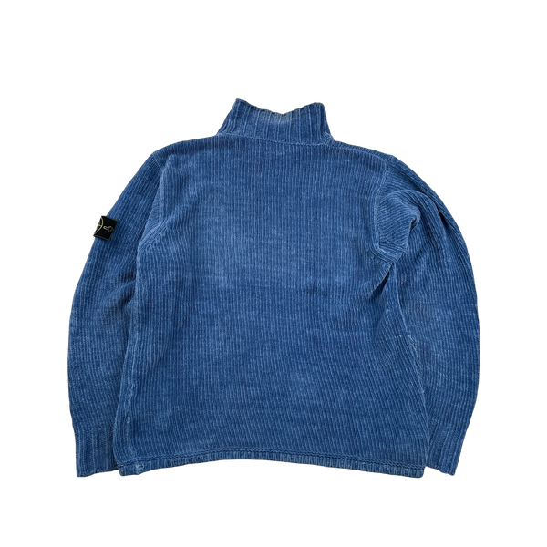 Stone Island 2001 Blue Chenille Knit Vintage Roll Neck Jumper - Large
