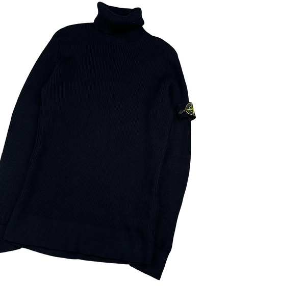 Stone Island 2022 Black Thick Ribbed Cotton Knit Roll Neck Jumper - XL