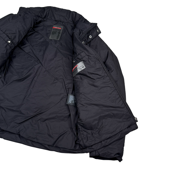 Prada Black Resin Coated Red Tab Nylon Quilted Jacket - Medium
