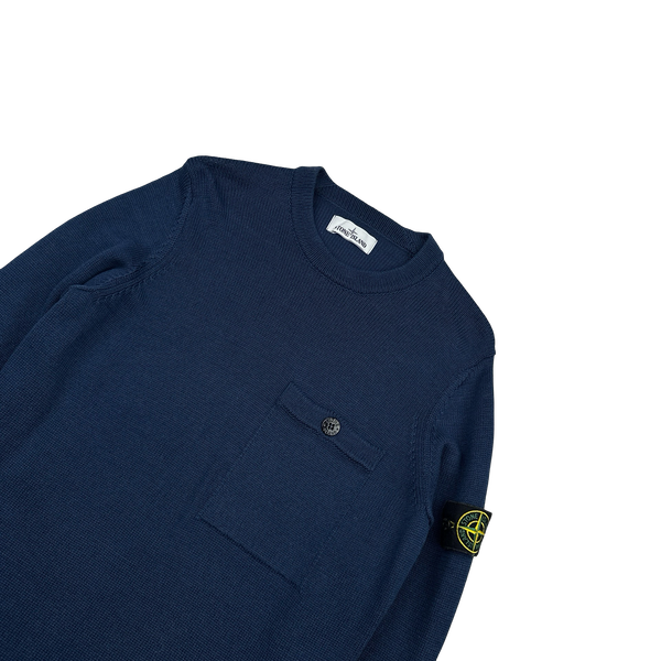 Stone Island 2020 Navy Cotton Knit Crewneck Pocketed Jumper - Medium