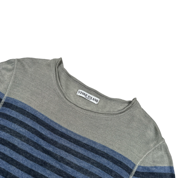 Stone Island Vintage Blue Striped Cotton Knit Jumper - Small