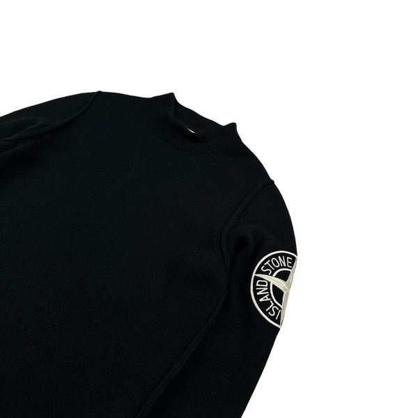 Stone Island 2020 Black Wool Spellout Embroidered Compass Mock Neck Jumper - Medium