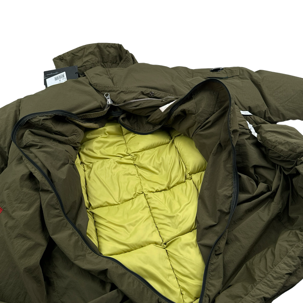 CP Company Khaki Flatt Nylon Extractable Down Filled Lens Viewer Long Puffer Jacket - Large