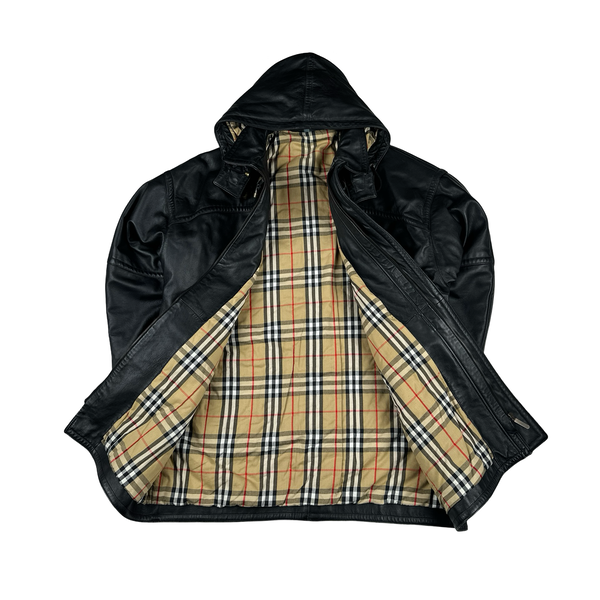 Burberry Leather Nova Check Lined Hooded Heavyweight Jacket