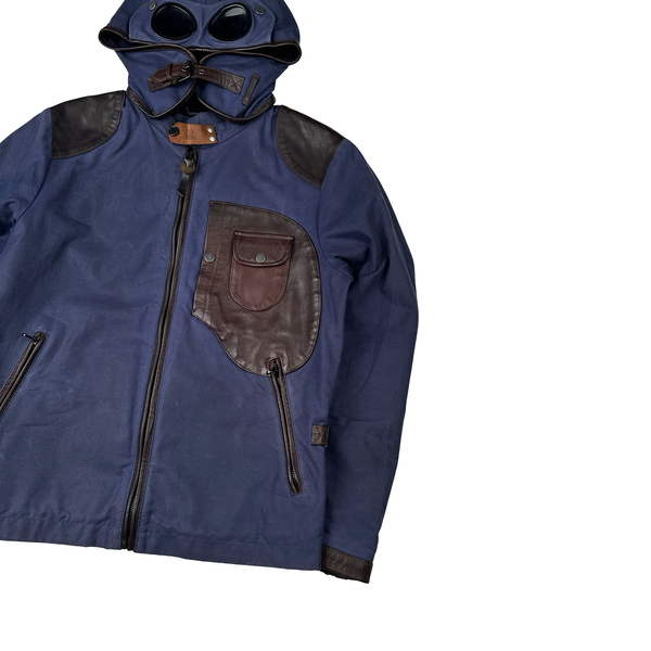 CP Company Blue/Brown Leather Hand Wax Finishing Goggle Jacket - Medium