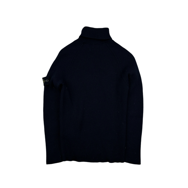 Stone Island 2019 Navy Wool Ribbed Roll Neck Knit - Small